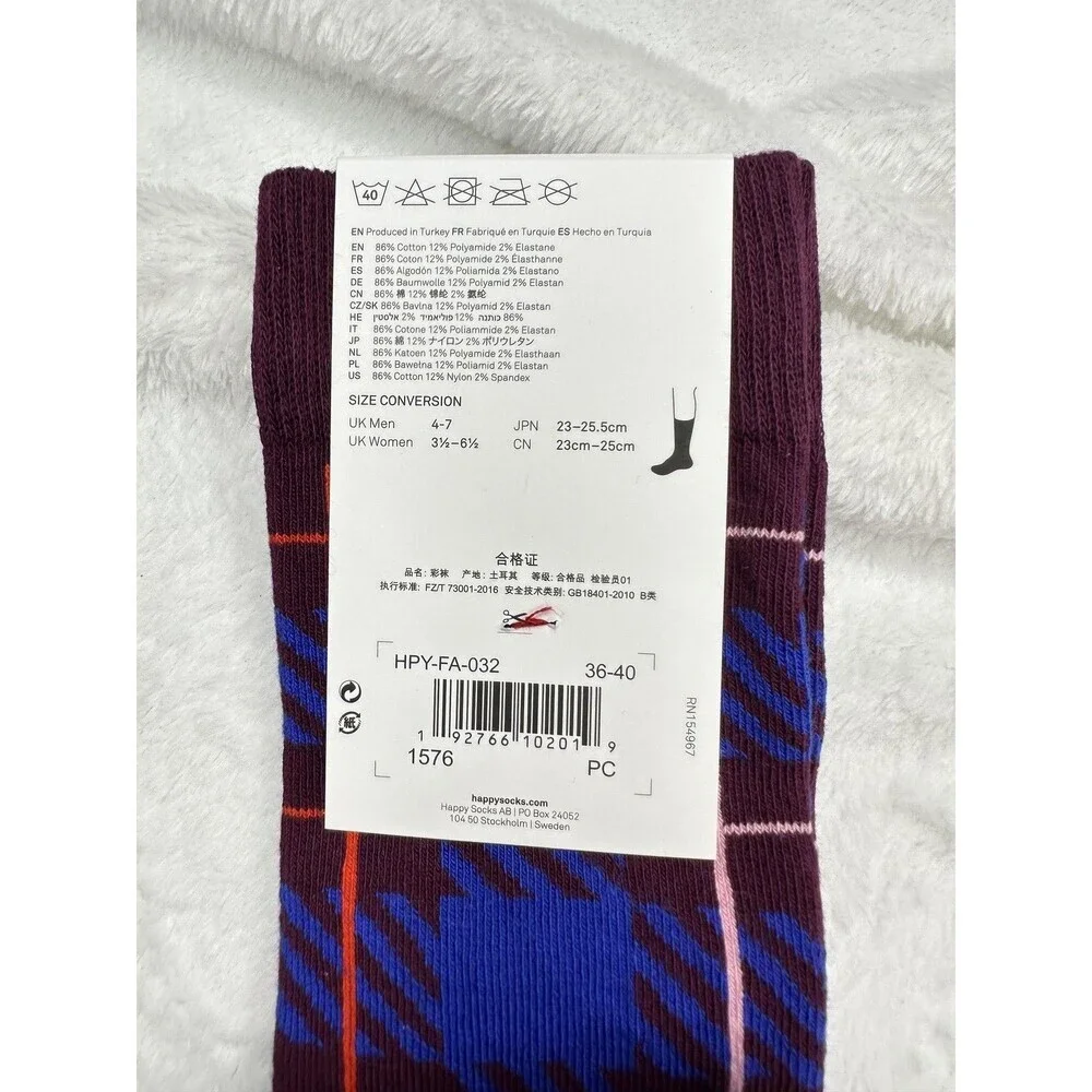 Happy Socks Crew Socks 36-40 Purple Blue Plaid Pattern Combed Cotton New